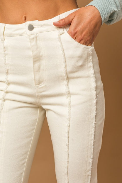 Frayed Hem Flare Jeans - WHITE