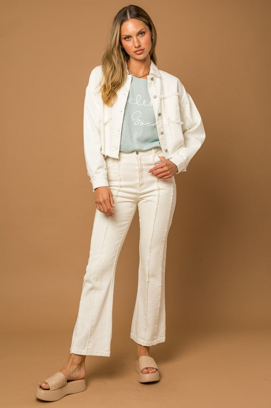 Frayed Hem Flare Jeans - WHITE