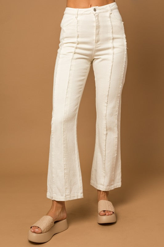 Frayed Hem Flare Jeans - WHITE