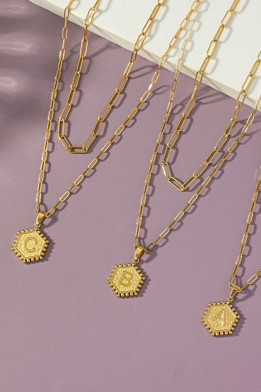 Brass Hexagon Initial Necklace