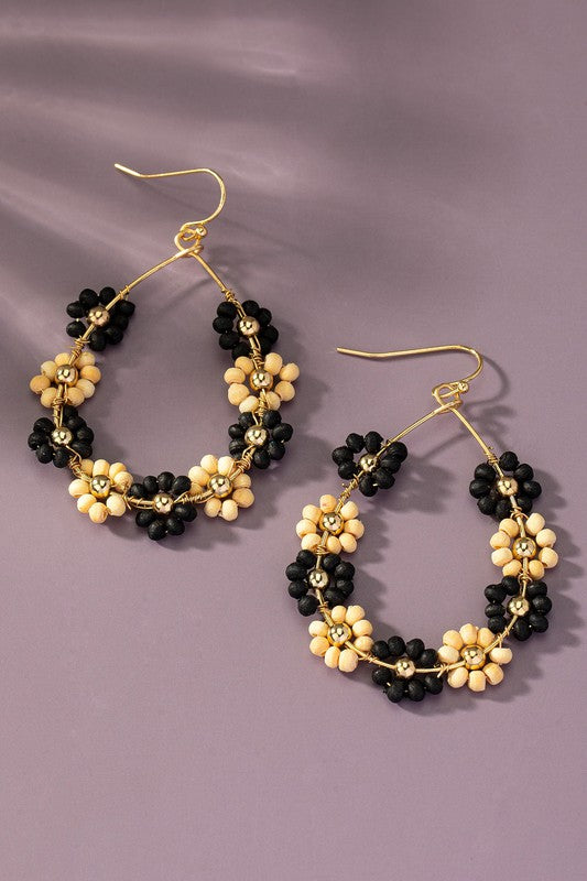 Wood Beaded Flower Hoop Earrings