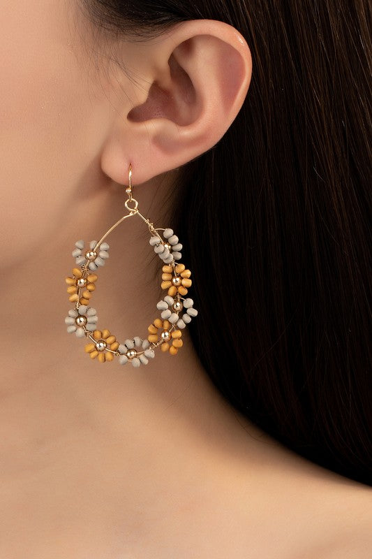 Wood Beaded Flower Hoop Earrings