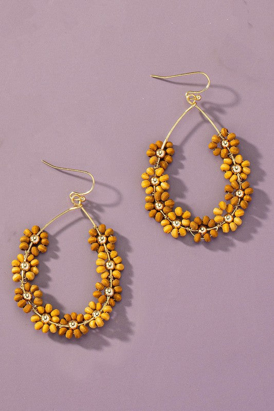 Wood Beaded Flower Hoop Earrings