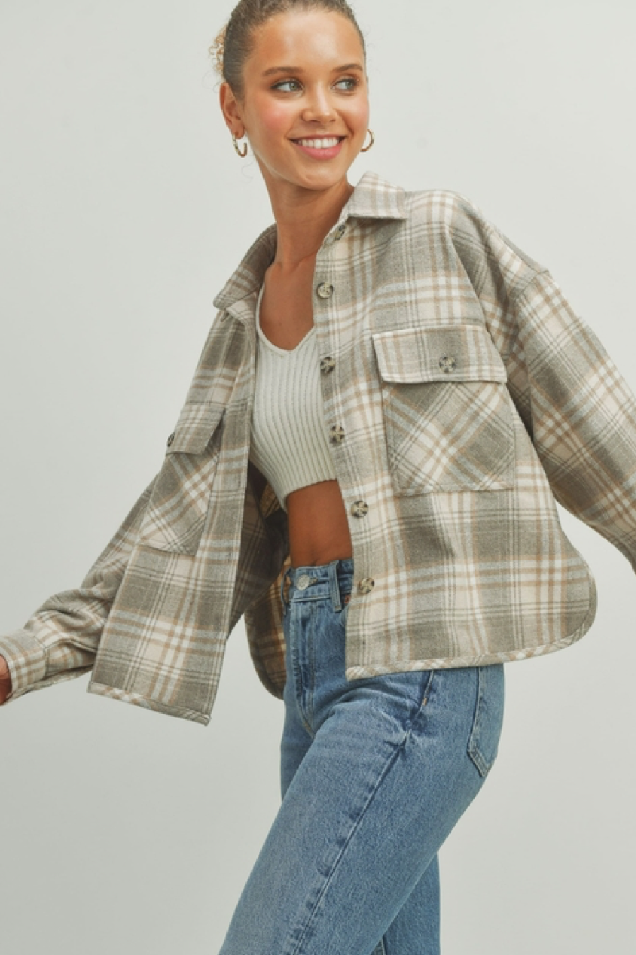 Plaid Flannel Shacket - Heathered Grey