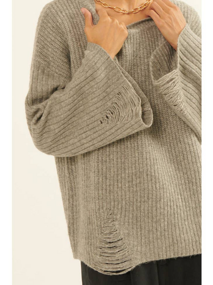Ribbed Knit Distressed Sweater
