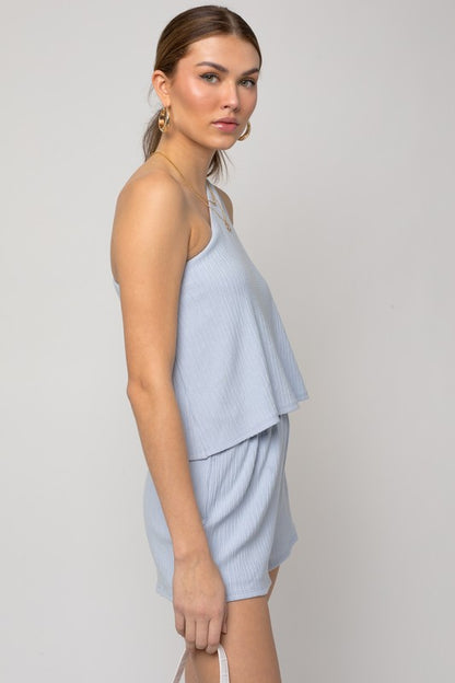 One Shoulder Layered Romper - BLUE